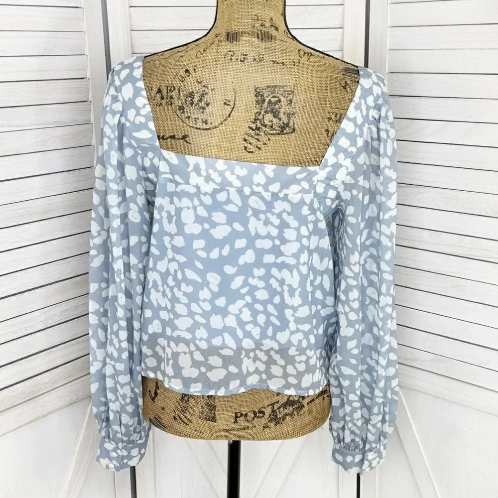 Lucca Petal Print Square‎ Neck Crop Blouse Blue White Large Long Balloon Sleeve